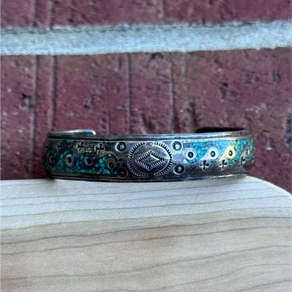 Nakai Sterling Silver Turquoise & Etched Cuff Bracelet Vintage
